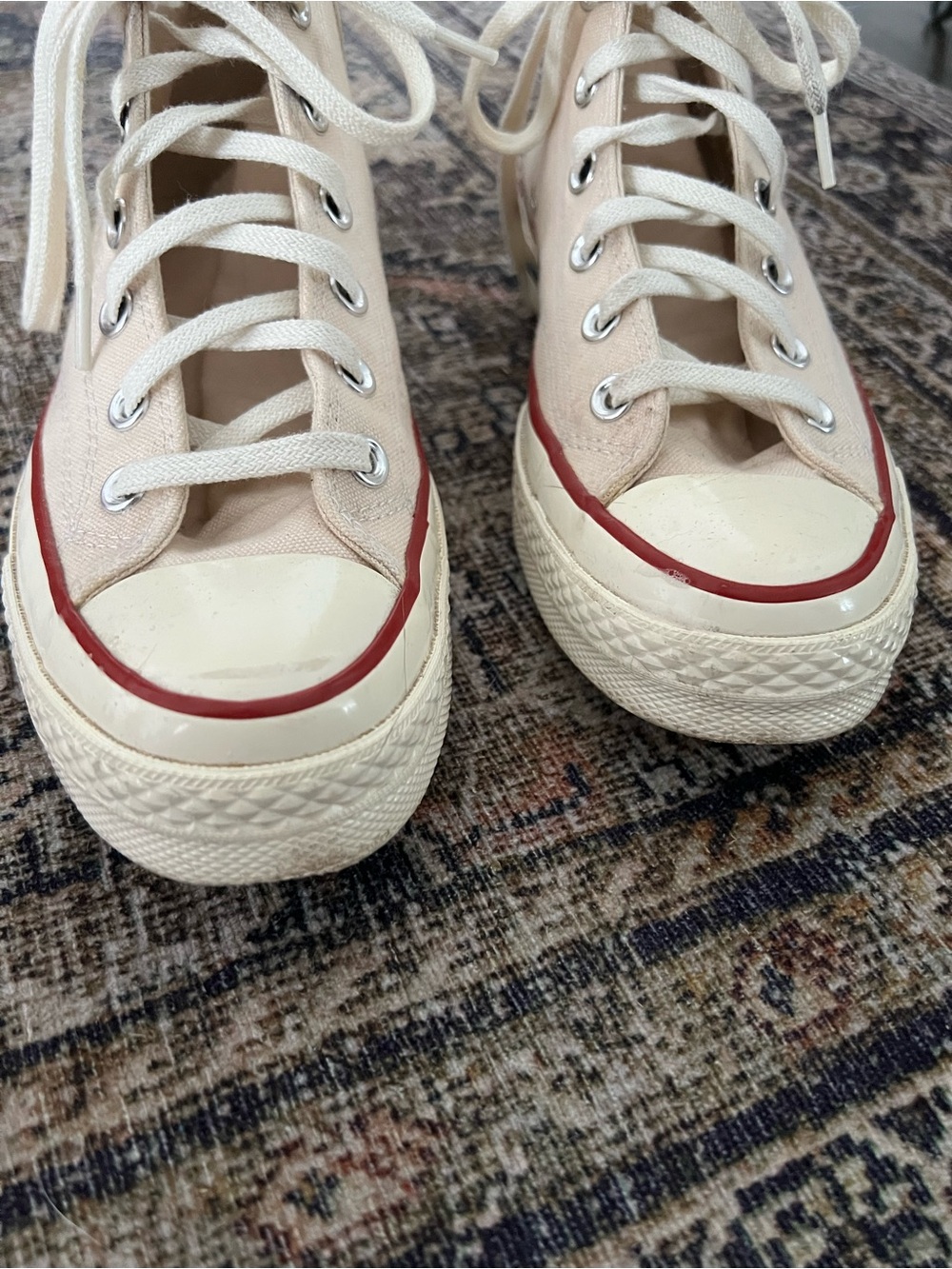 Converse High Top Sneakers in Cream with Red Stripe - Picture 2 of 4